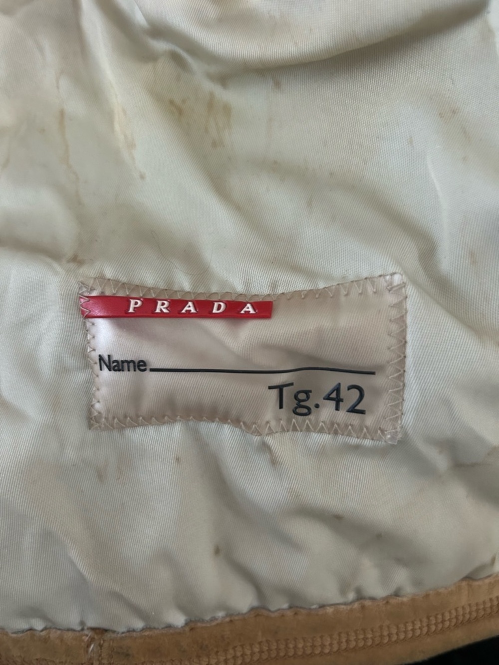 Authentic Prada Tan Shearling-Lined Jacket with Red Logo Tab - Picture 10 of 16